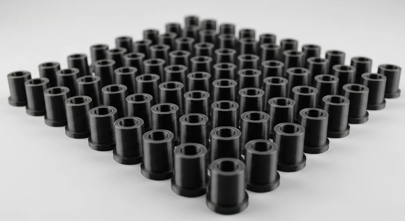 A neat tray of identical small black 3D-printed ASA outdoor parts