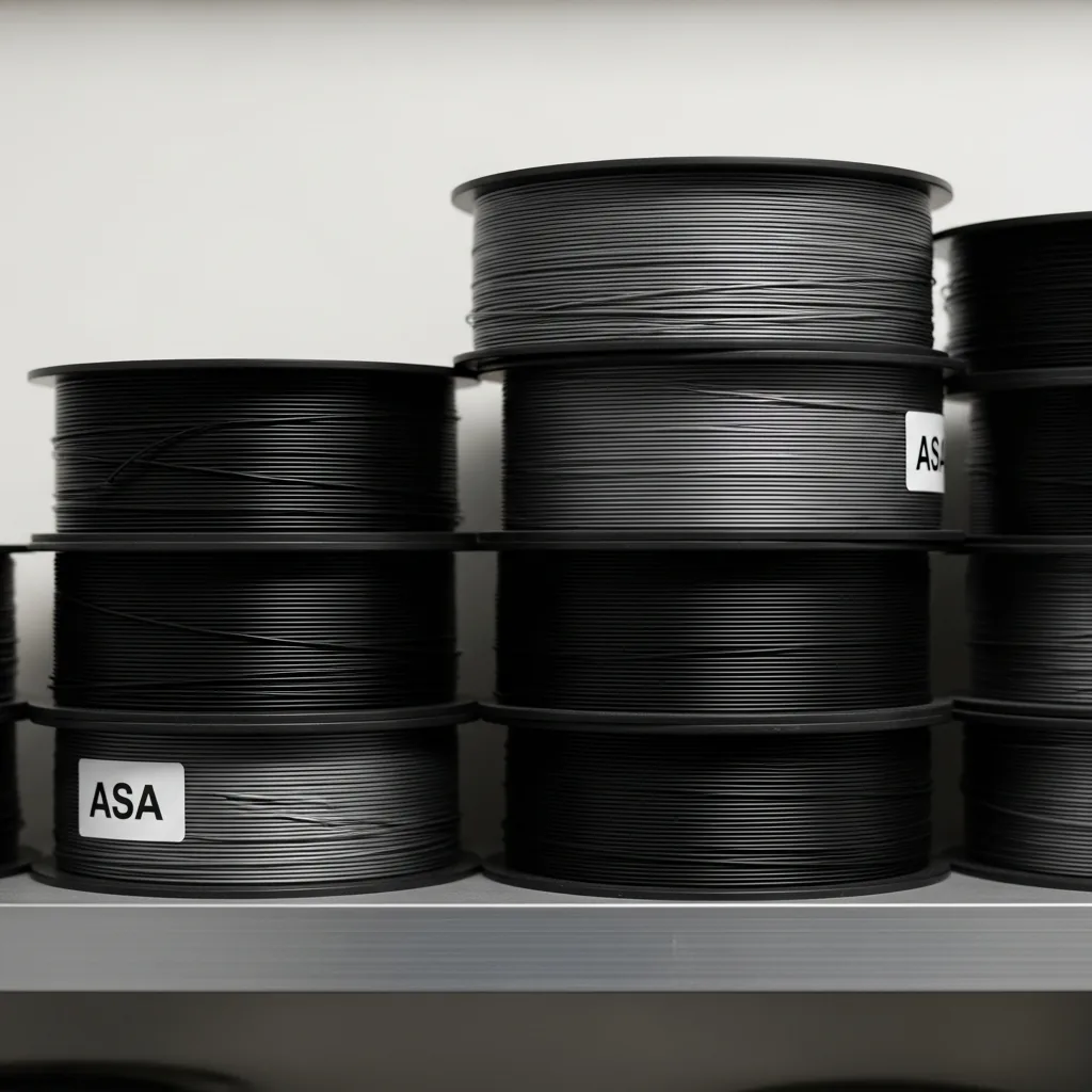 A stack of black and grey ASA filament spools on a shelf
