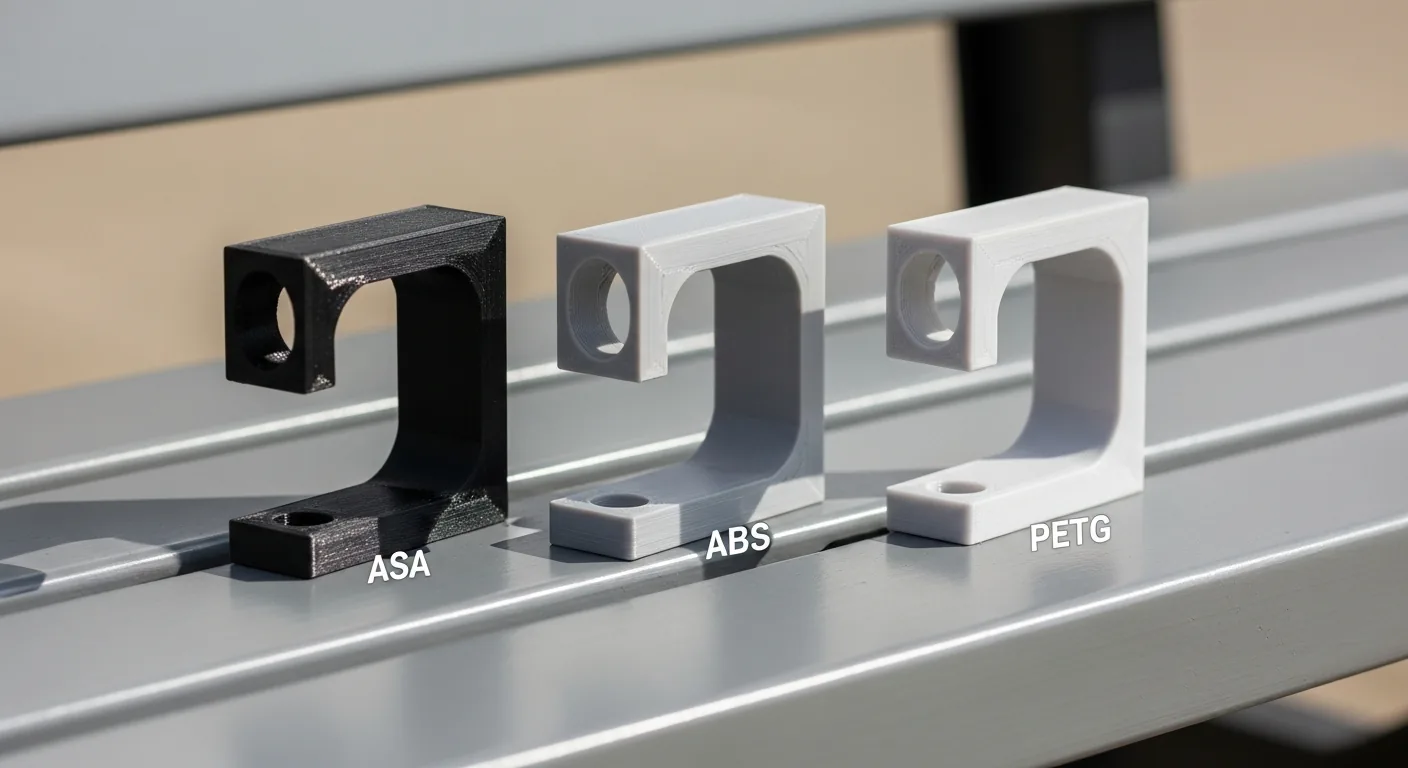 Three identical 3D-printed brackets shown to compare ASA