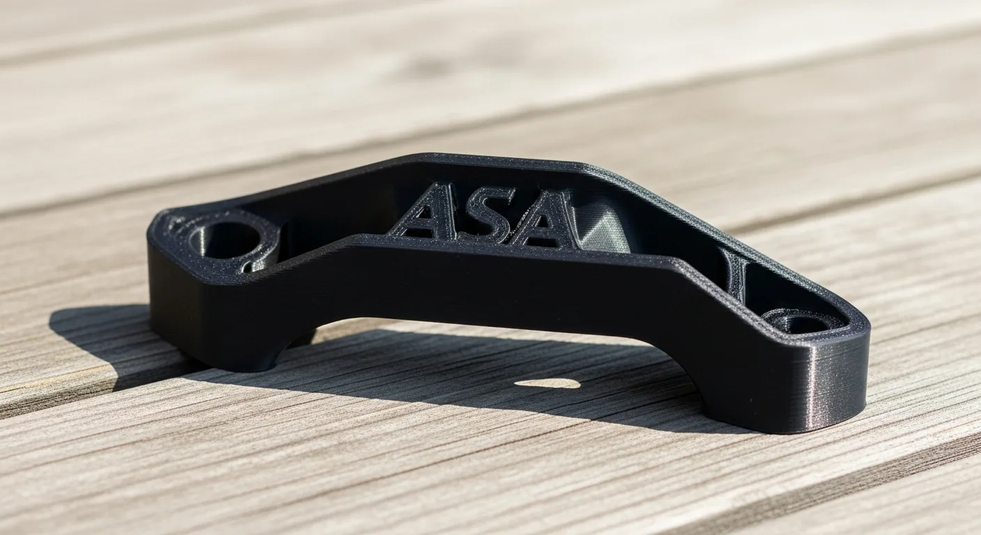 A matte black 3D-printed ASA part resting on a weathered outdoor wooden surface in bright daylight