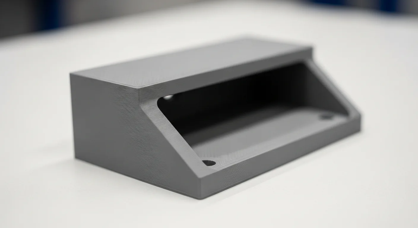 Macro photo of a matte weather-resistant 3D-printed ASA outdoor part · a signage bracket or small enclosure · on a clean light bench