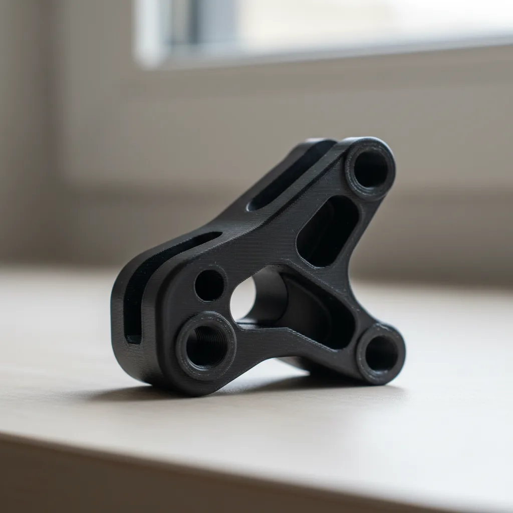 A 3D-printed matte black carbon-fibre nylon PA12-CF motorsport hydraulic-line mounting bracket on a clean bench