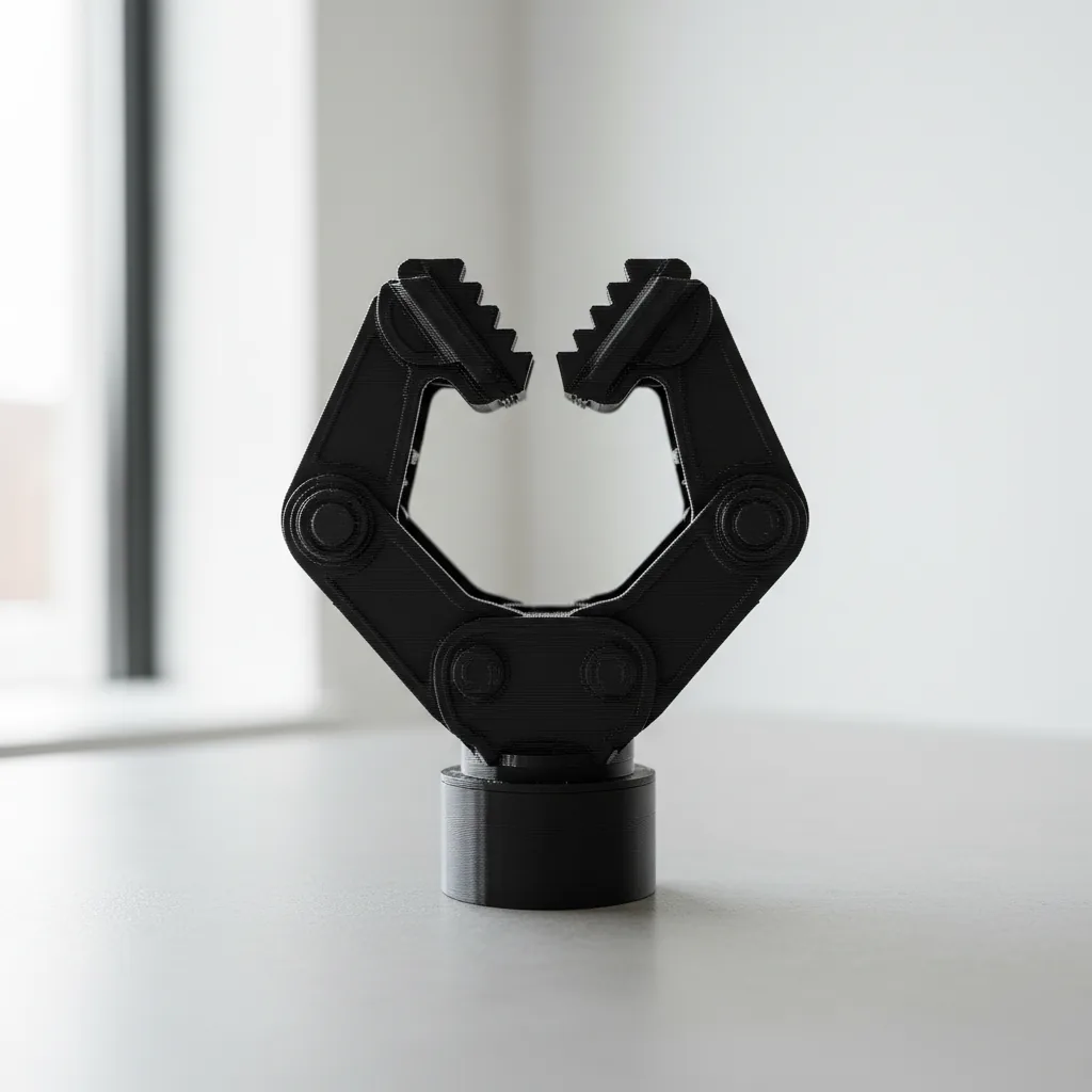A 3D-printed matte black PA12-CF robotic end-effector gripper on a clean bench