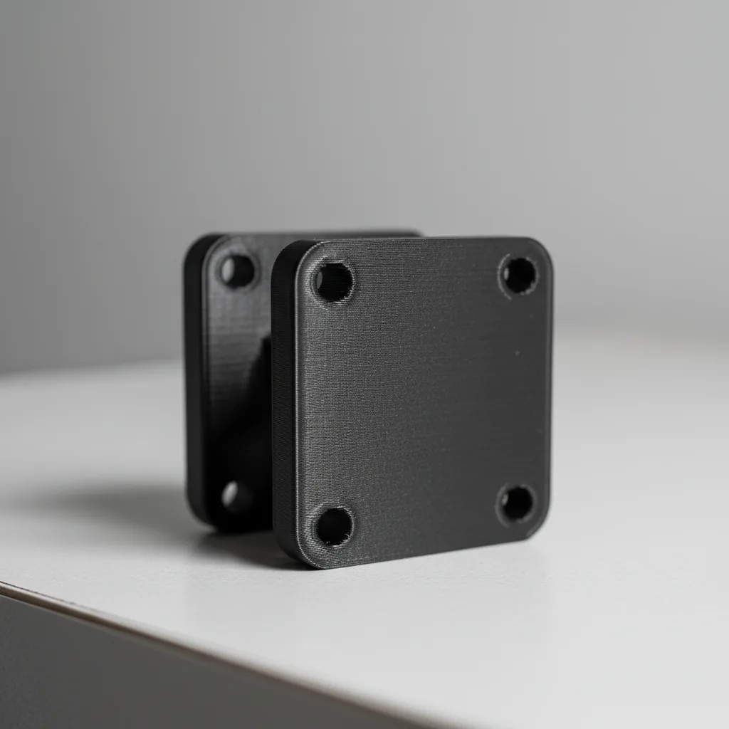 A 3D-printed matte black PA12-CF UAV drone structural airframe bracket on a clean bench