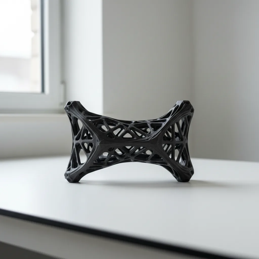 A matte black 3D-printed PA12-CF topology-optimised lightweight lattice bracket with stress-led ribbing