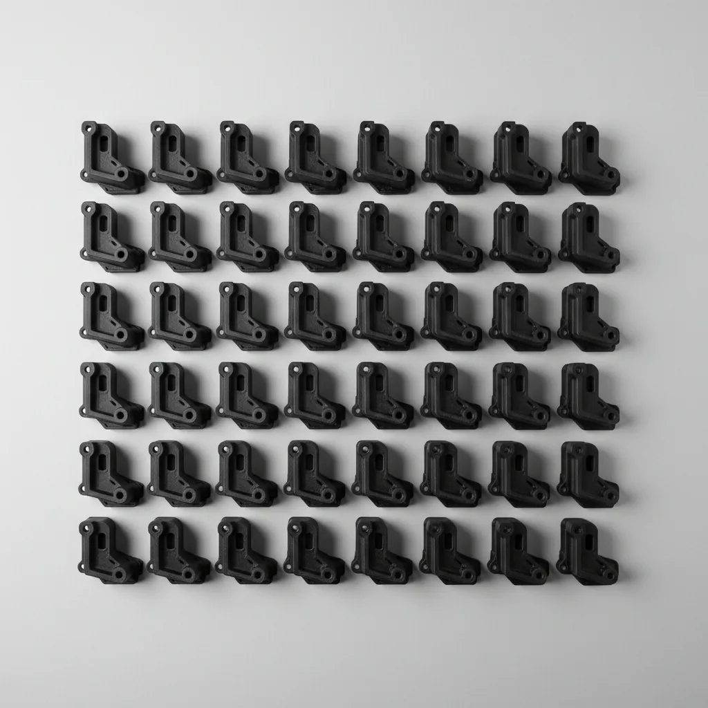 A neat tray of identical matte black 3D-printed PA12-CF brackets