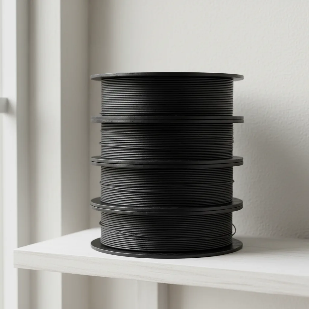A stack of black carbon-fibre nylon filament spools on a shelf