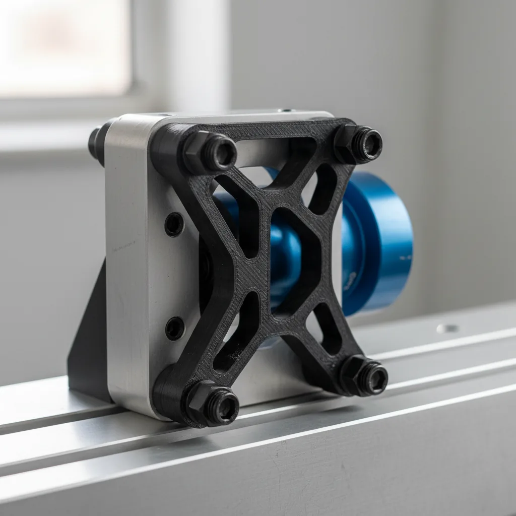 A matte black 3D-printed PA12-CF bracket bolted onto an aluminium machine frame in an engineering context