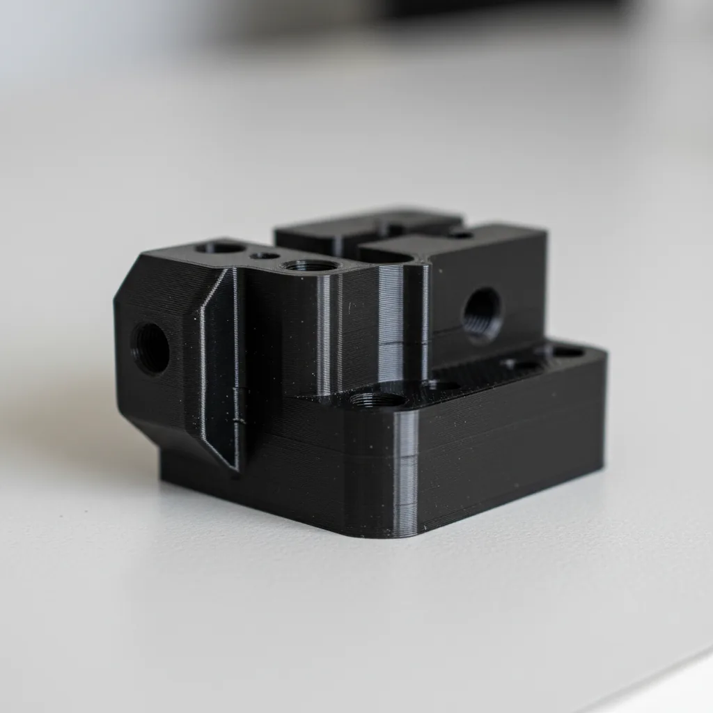 Macro photo of a matte black 3D-printed PA12-CF carbon-fibre nylon workshop jig showing speckled carbon-fibre fleck texture and fine layer lines on a clean bench