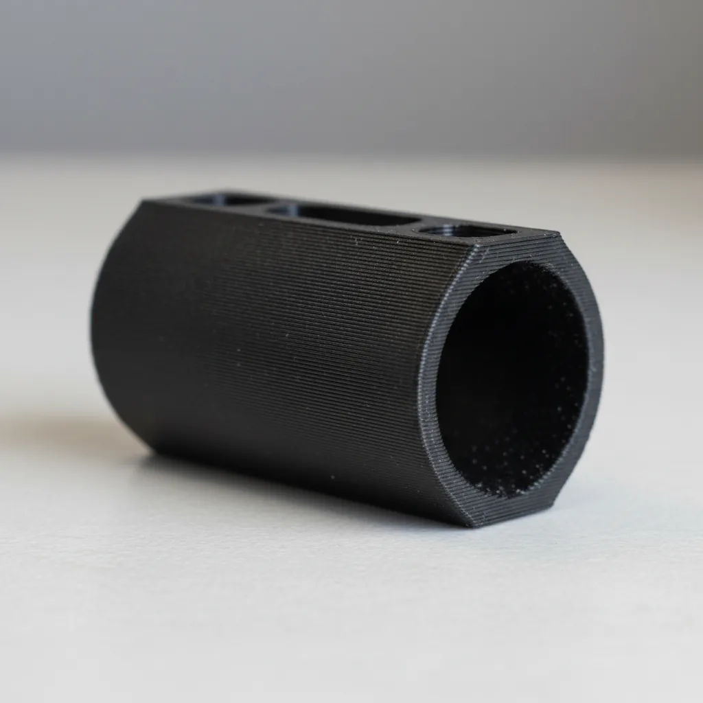 A 3D-printed matte dark grey PA6-CF UAV drone structural arm bracket on a clean bench