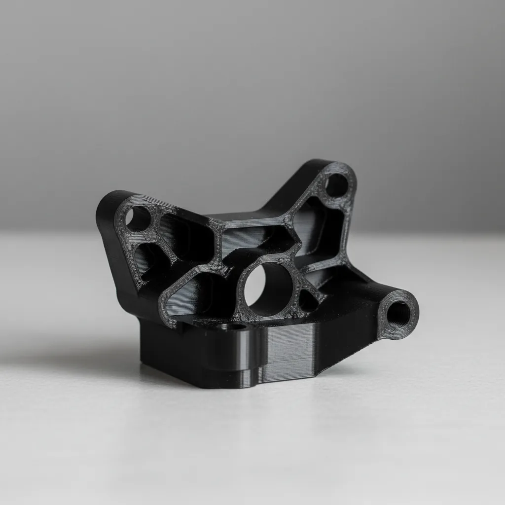 A 3D-printed matte dark grey PA6-CF automotive engine-bay mounting bracket on a clean bench