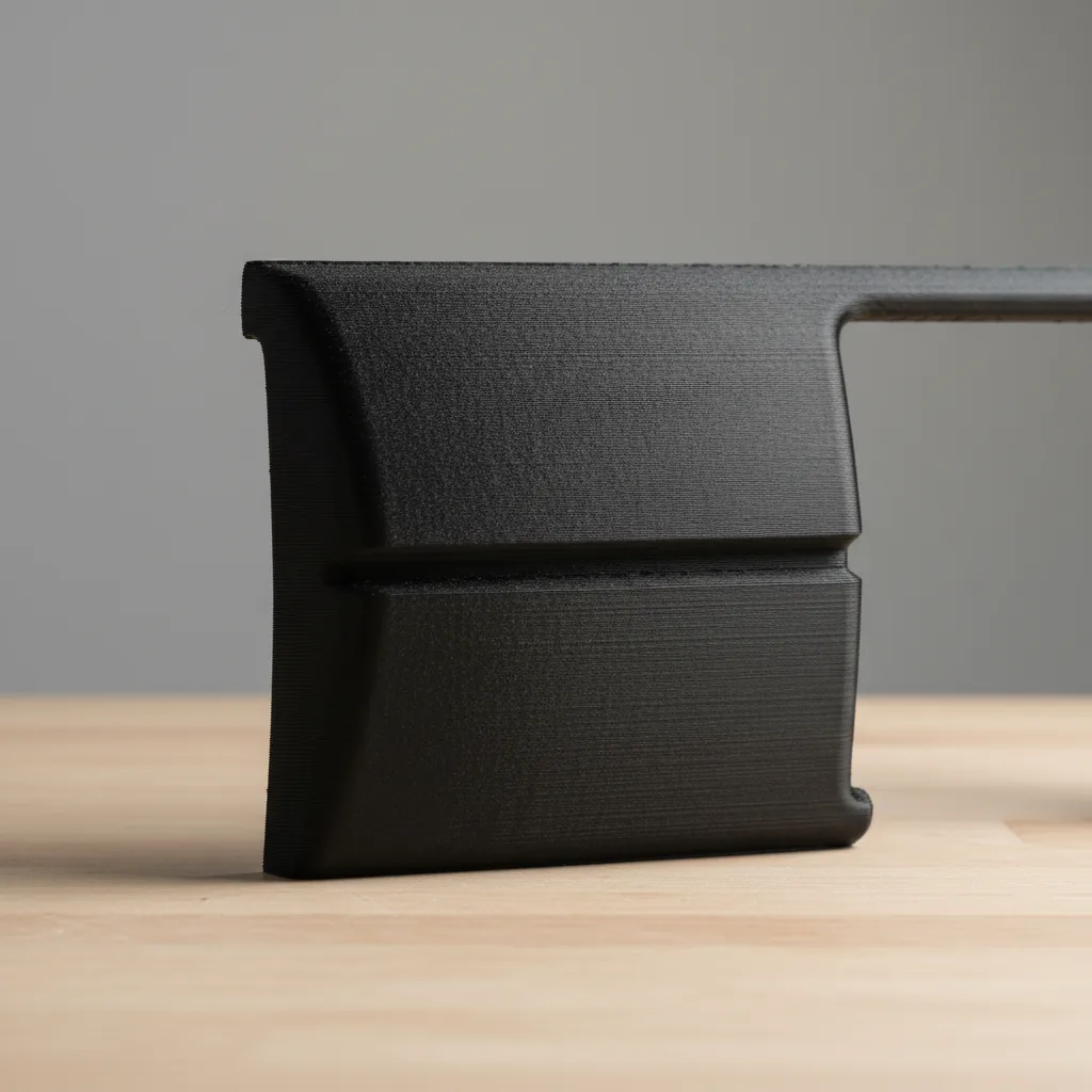 A 3D-printed matte dark grey PA6-CF reproduction of a discontinued classic-car interior part on a clean bench