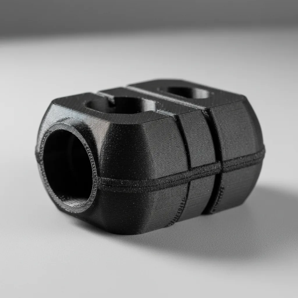 A 3D-printed matte dark grey PA6-CF robotic arm structural component on a clean bench