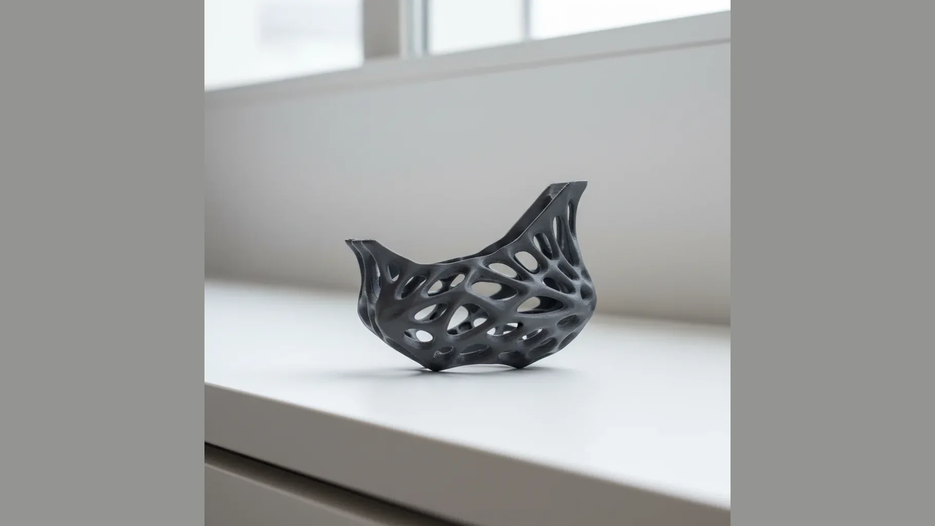 A matte dark grey 3D-printed PA6-CF topology-optimised lightweight bracket with stress-led ribbing on a clean bench