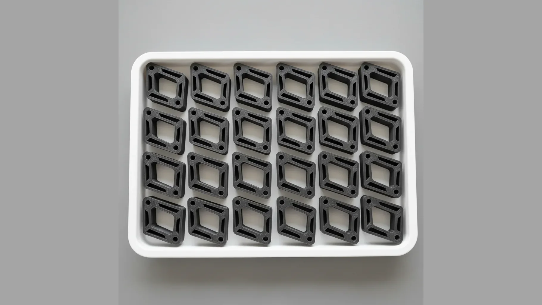 A neat tray of identical matte dark grey 3D-printed PA6-CF brackets