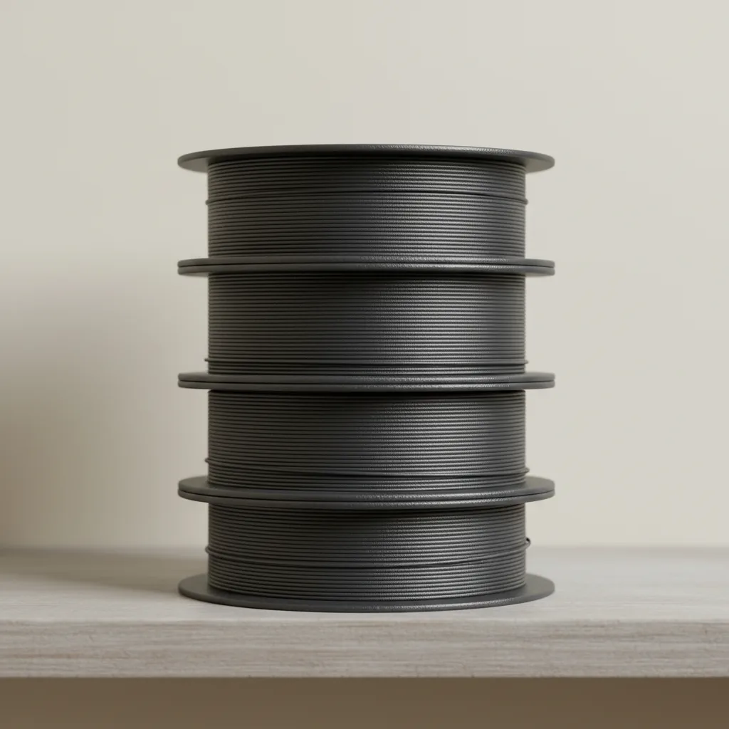 A stack of dark grey carbon-fibre nylon filament spools on a shelf