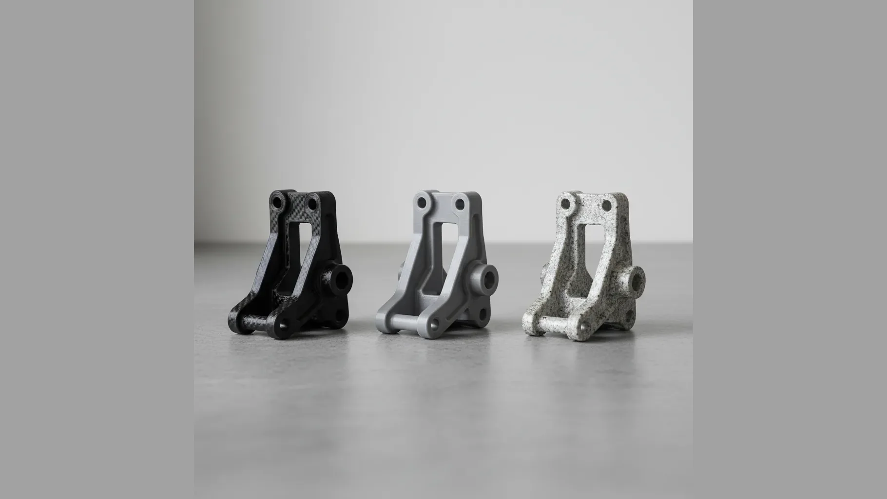 Three identical 3D-printed brackets shown to compare PA6-CF
