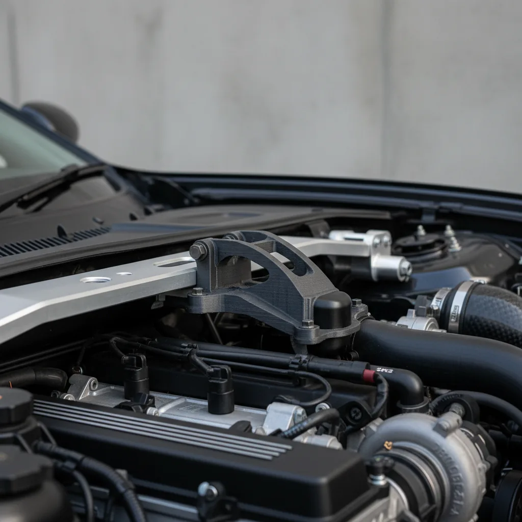 A matte dark grey 3D-printed PA6-CF bracket mounted in an automotive engine bay