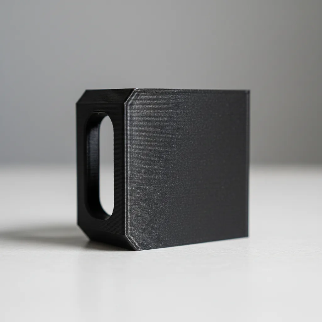 Macro photo of a matte dark grey 3D-printed PA6-CF carbon-fibre nylon engineering bracket showing speckled carbon-fibre fleck and fine layer lines on a clean bench