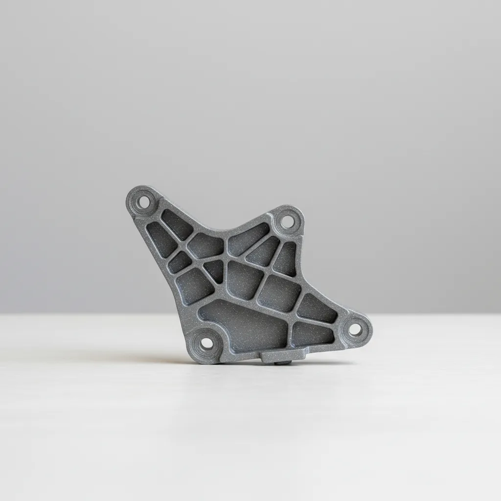 A 3D-printed matte grey PA6-GF automotive under-bonnet mounting bracket on a clean bench