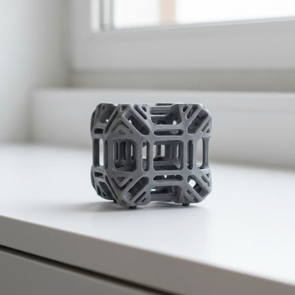 A 3D-printed matte grey PA6-GF industrial engineering structural part on a clean bench