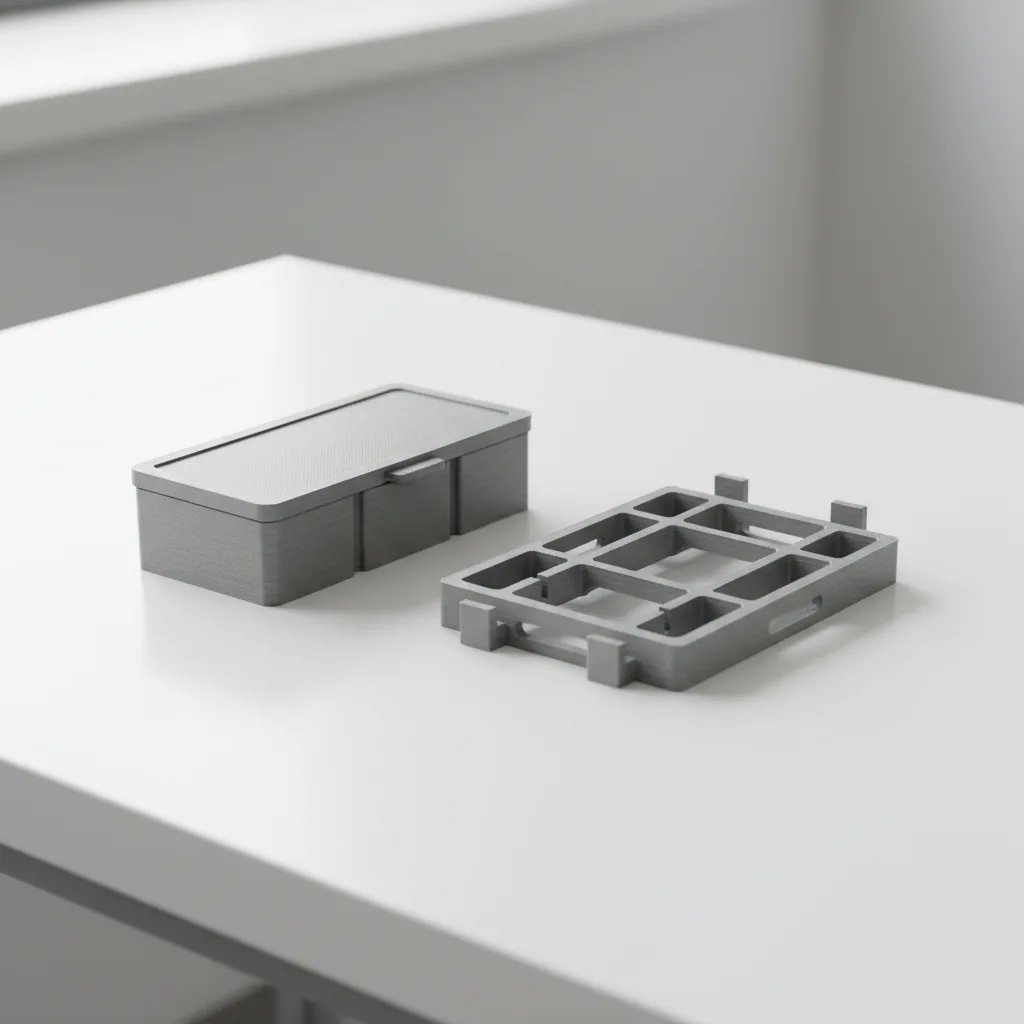 A 3D-printed matte grey PA6-GF electrical cable duct and cable-management tray on a clean bench