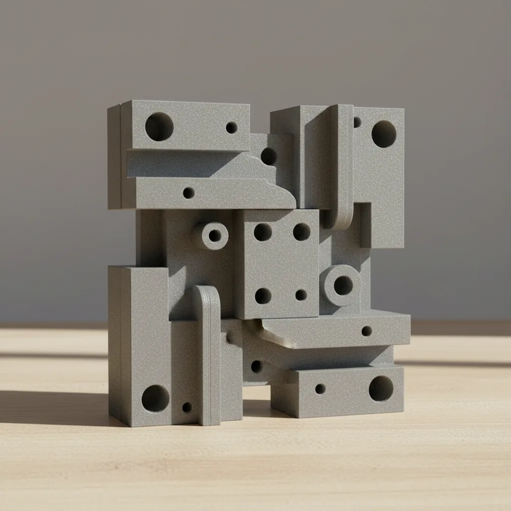 A 3D-printed matte grey PA6-GF tooling jig and fixture on a workbench