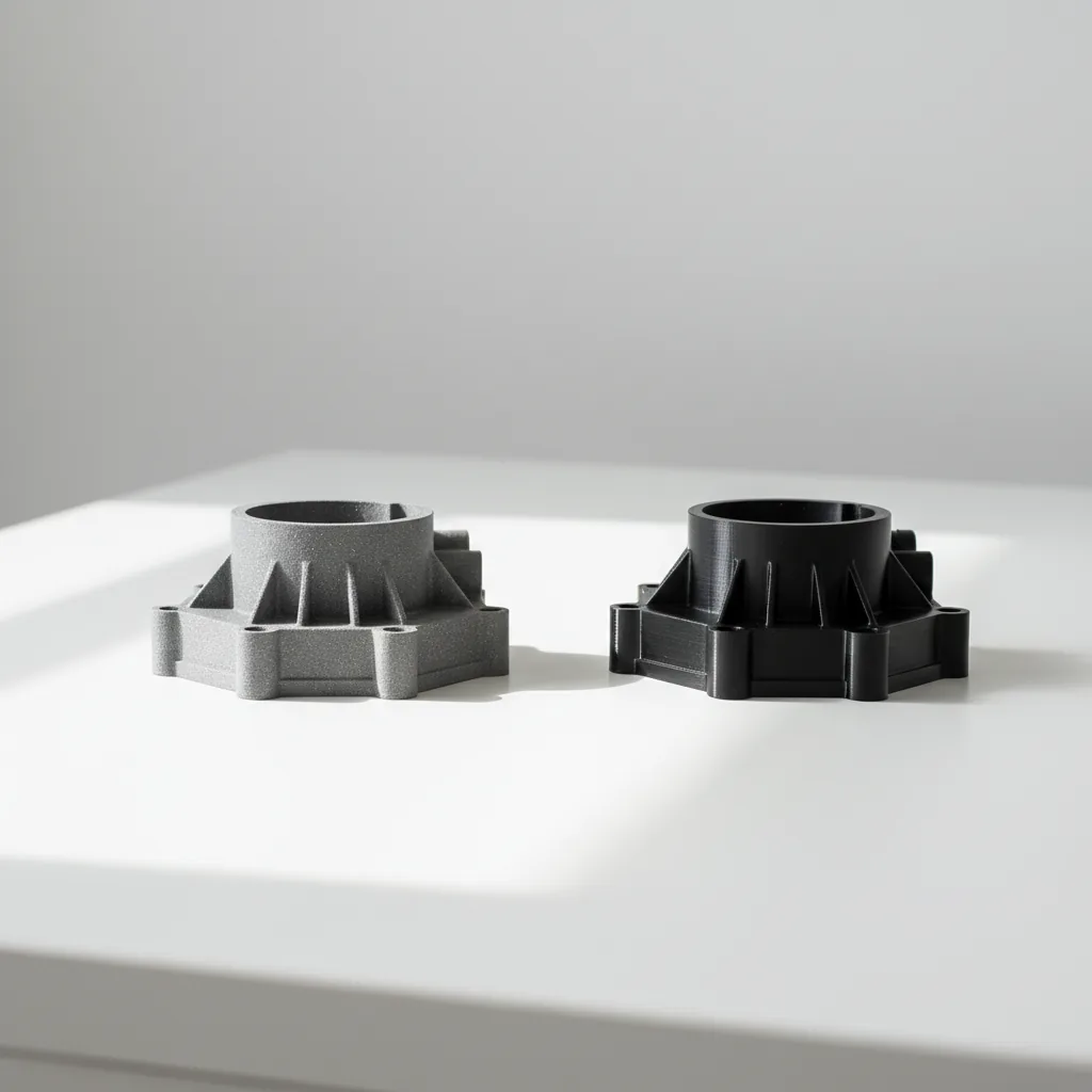 A matte grey 3D-printed PA6-GF gear-housing part replacing an injection-moulded original