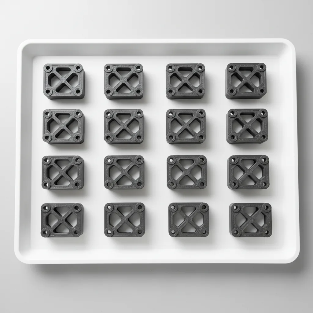 A neat tray of identical matte grey 3D-printed PA6-GF brackets