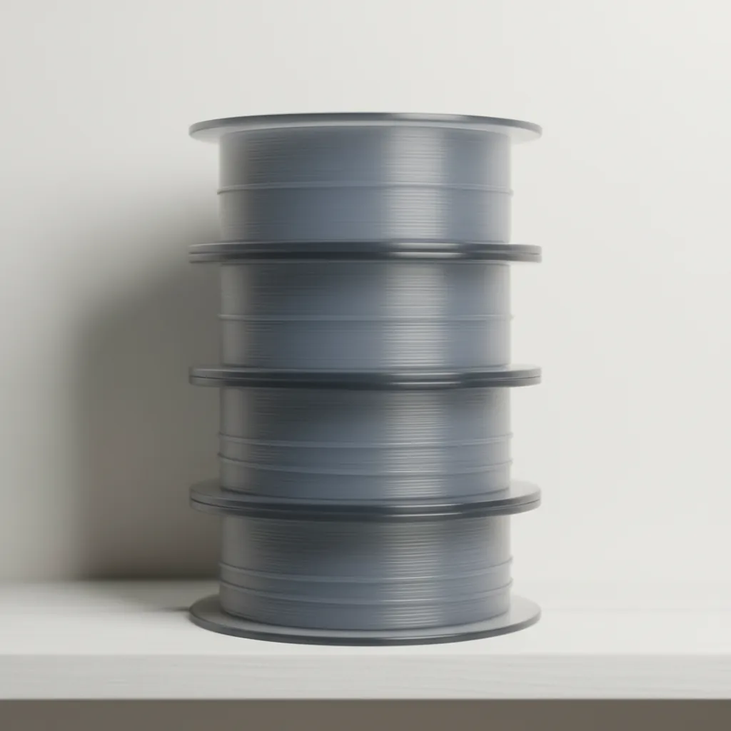 A stack of grey glass-fibre nylon filament spools on a shelf