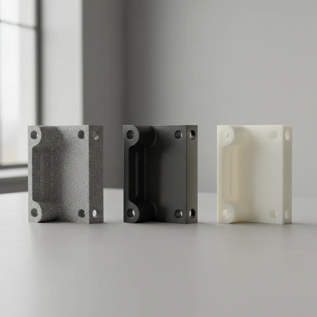 Three identical 3D-printed brackets shown to compare PA6-GF