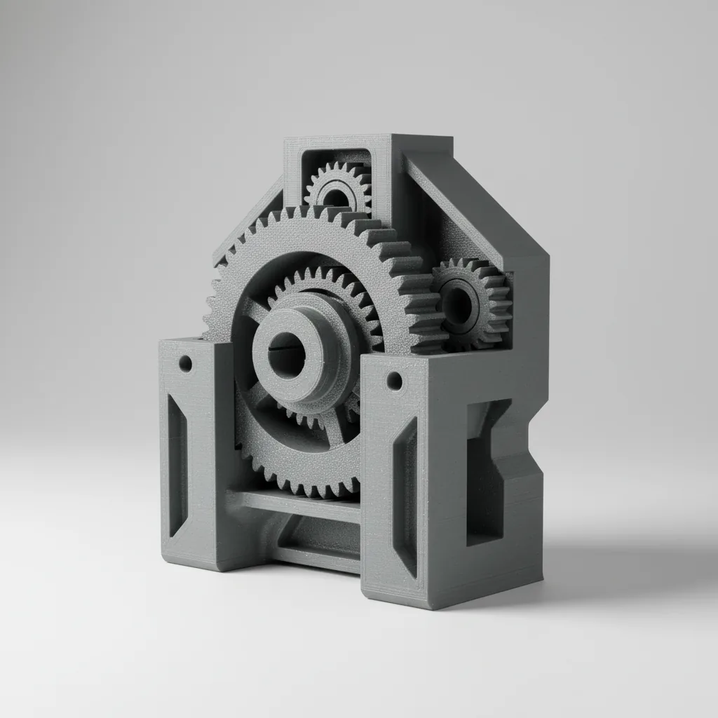 A matte grey 3D-printed PA6-GF gear and gear-housing assembly demonstrating stiffness