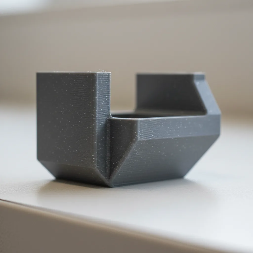 Macro photo of a matte grey 3D-printed PA6-GF glass-fibre nylon engineering bracket showing fine silvery glass-fibre fleck and layer lines on a clean bench