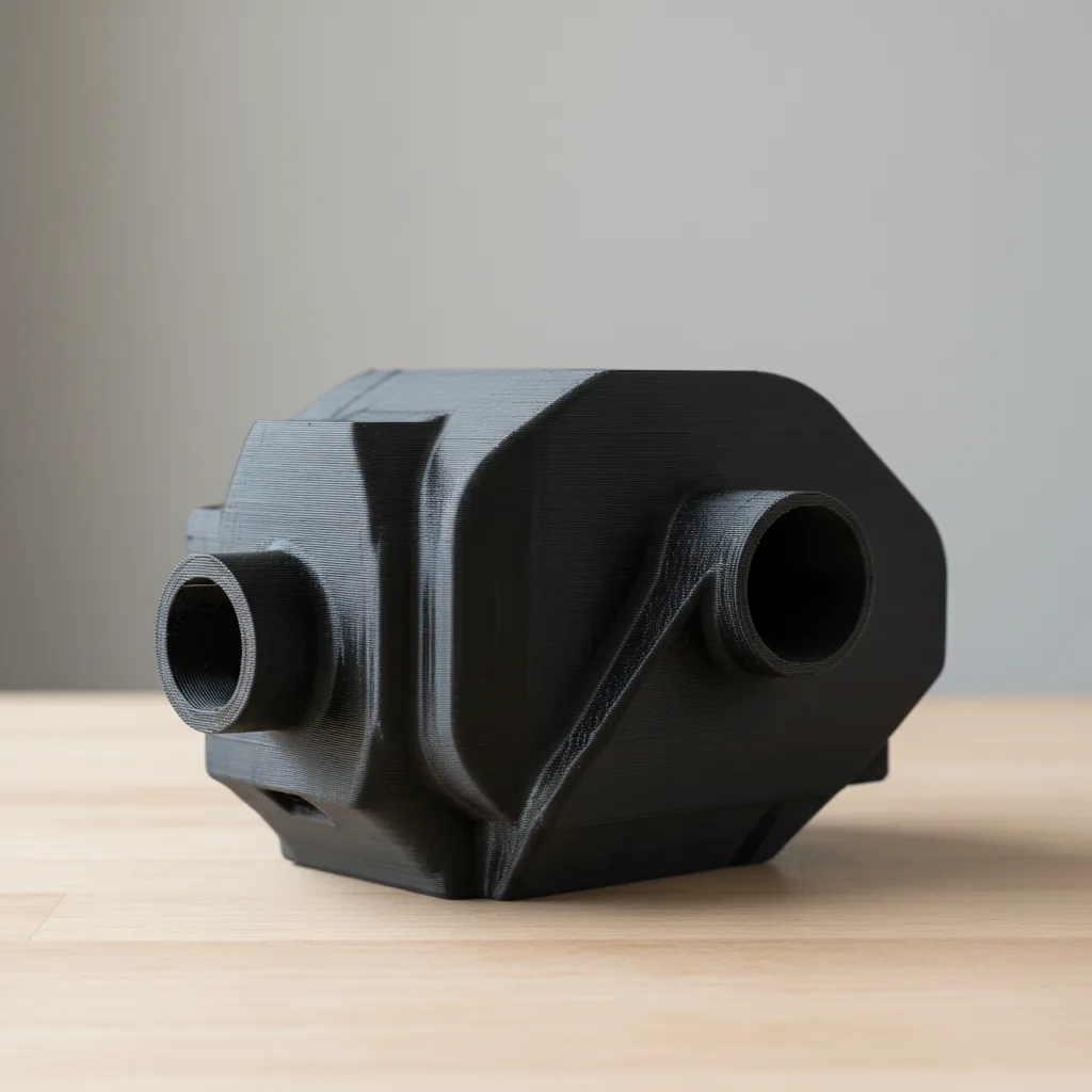 A 3D-printed PA612-CF reproduction of a discontinued classic-car under-bonnet part