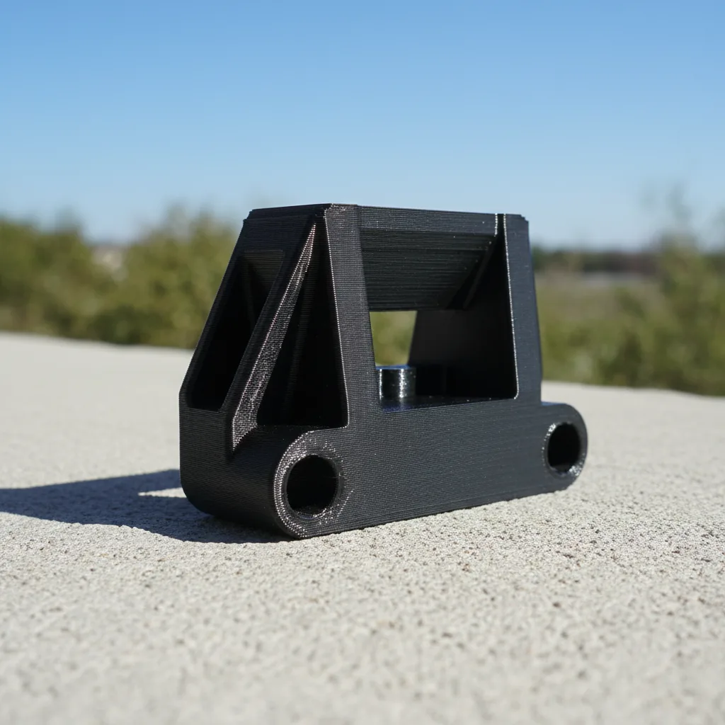 A 3D-printed PA612-CF outdoor-rated bracket resting in bright sunlight to show UV tolerance