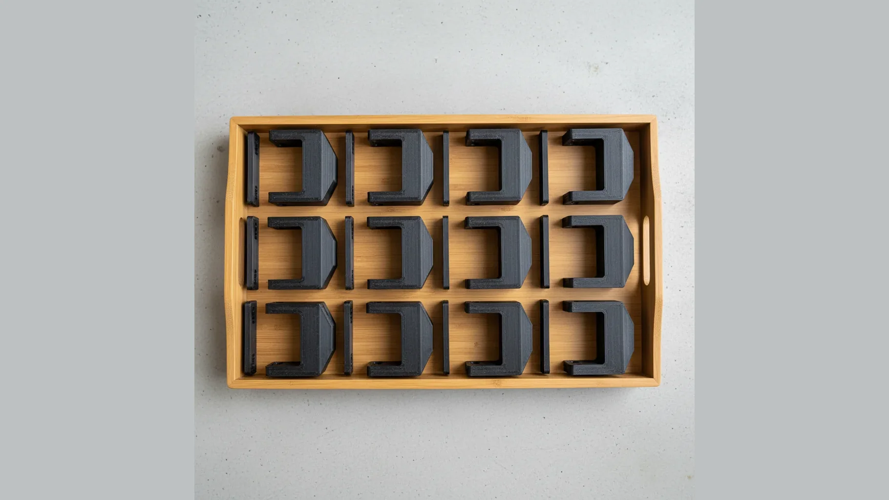 A neat tray of identical 3D-printed PA612-CF brackets