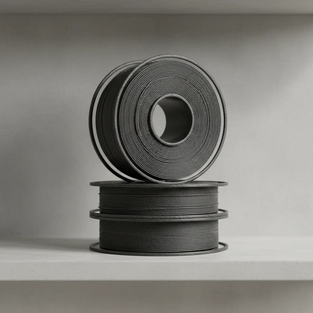 A stack of dark grey carbon-fibre nylon filament spools on a shelf