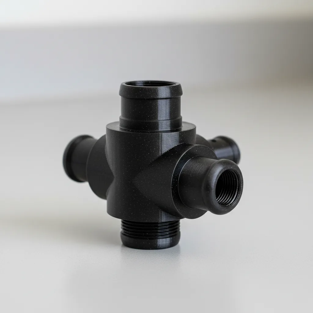 A 3D-printed PA612-CF fuel-system fitting demonstrating chemical resistance