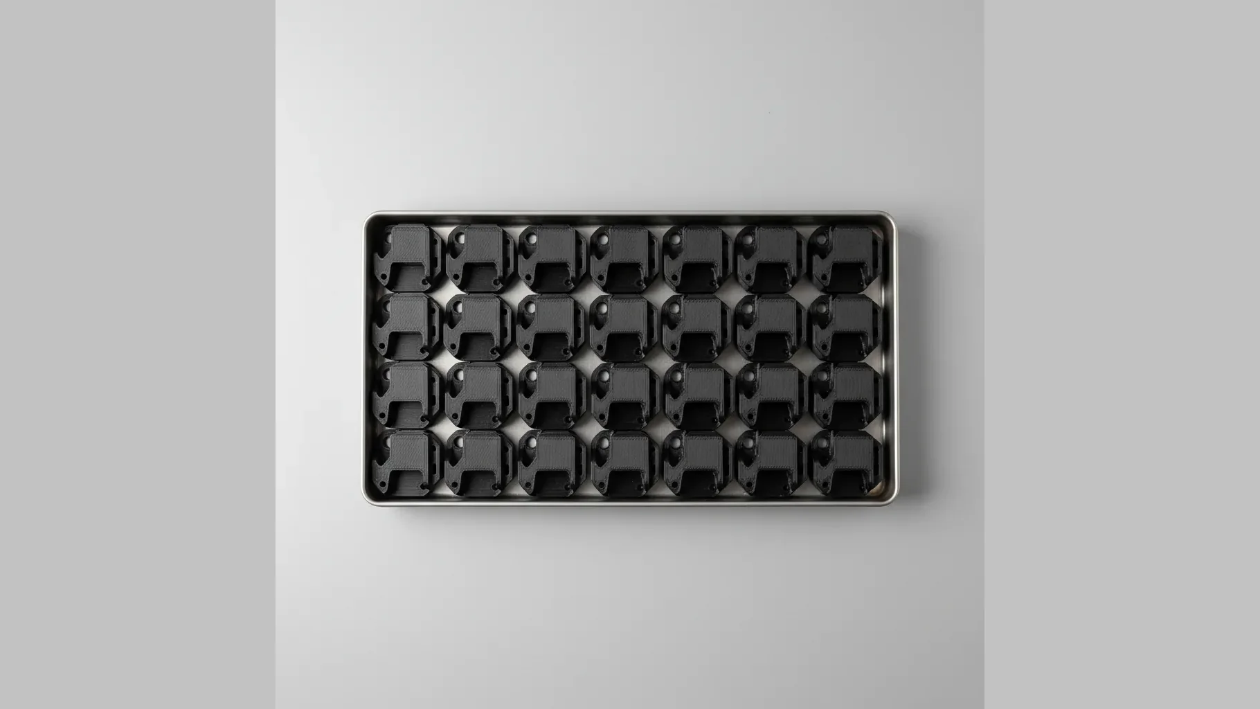 A neat tray of identical matte black 3D-printed PA612-ESD brackets