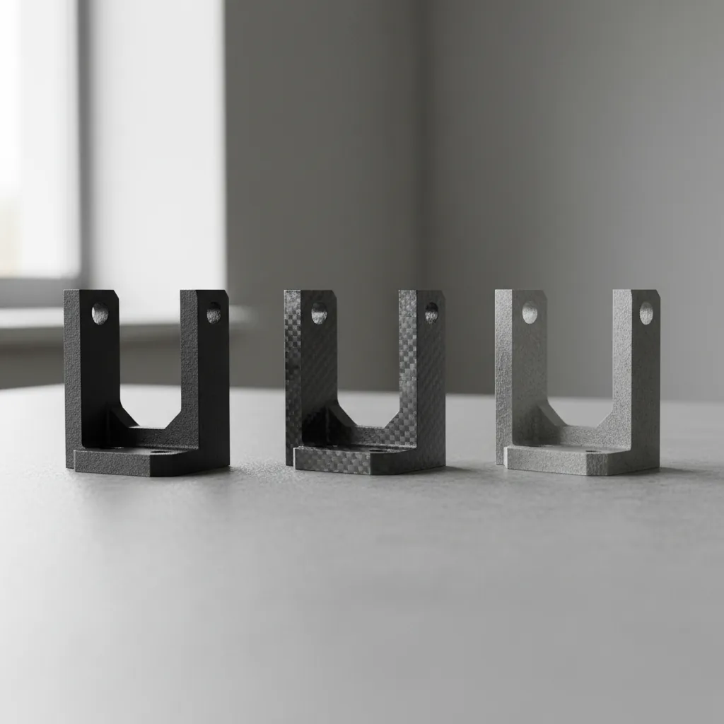 Three identical 3D-printed brackets to compare PA612-ESD