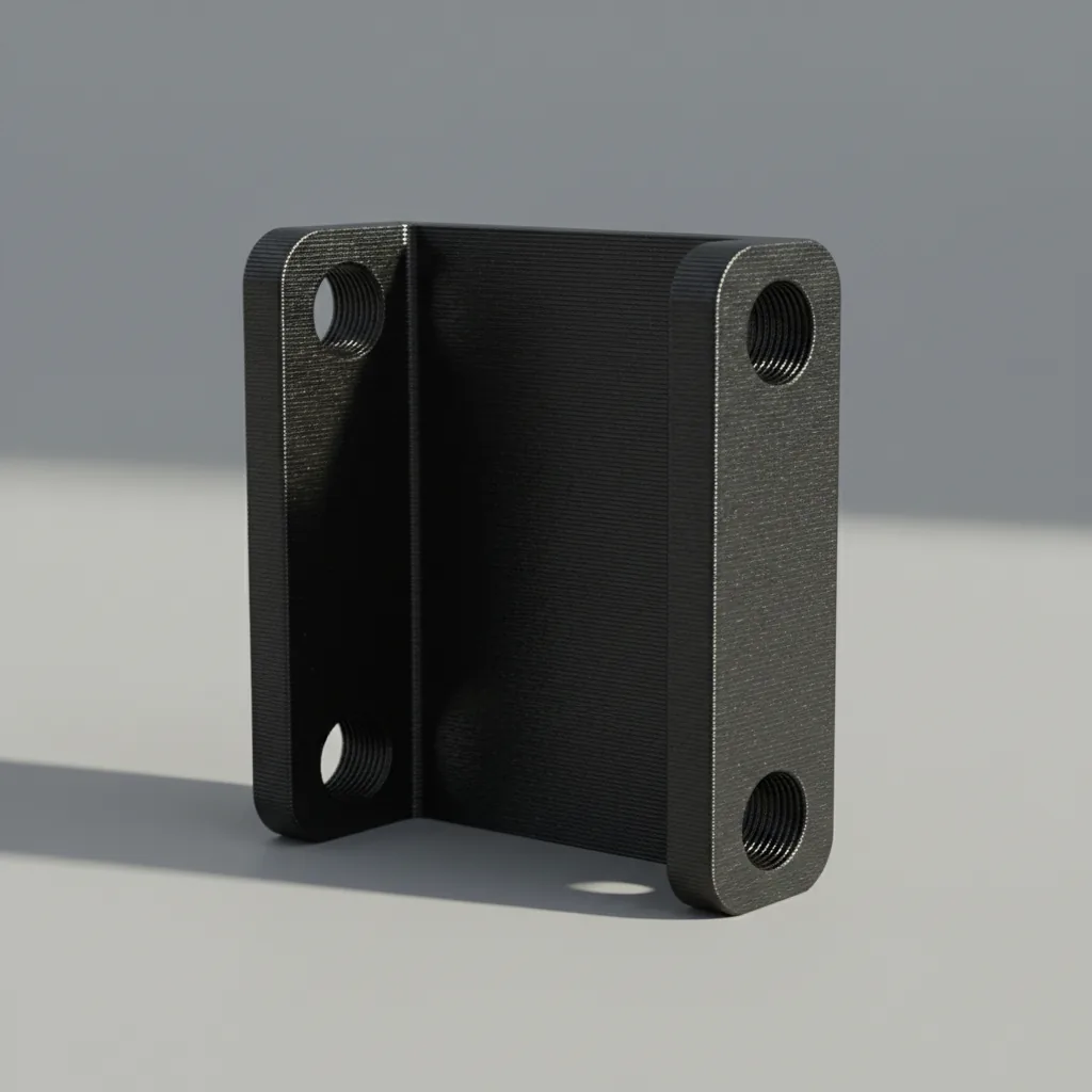 A single matte black 3D-printed PA612-ESD bracket with bolt holes