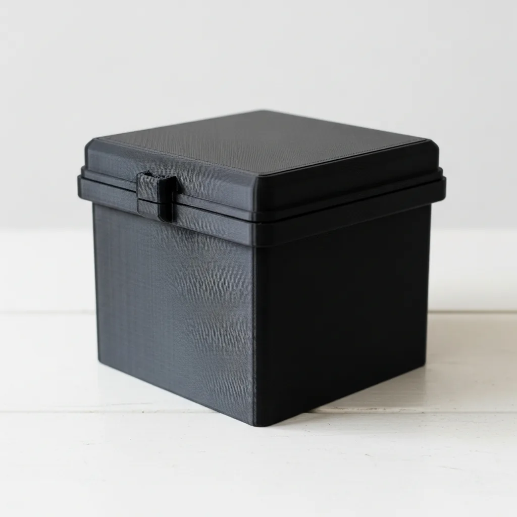 A 3D-printed black polycarbonate IP-rated electrical junction enclosure box with a sealed lid on a clean bench