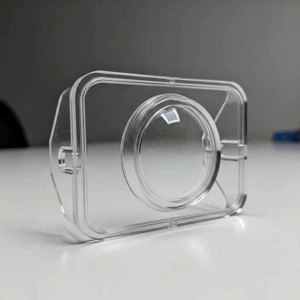 A 3D-printed clear transparent polycarbonate light cover and safety lens guard on a clean bench