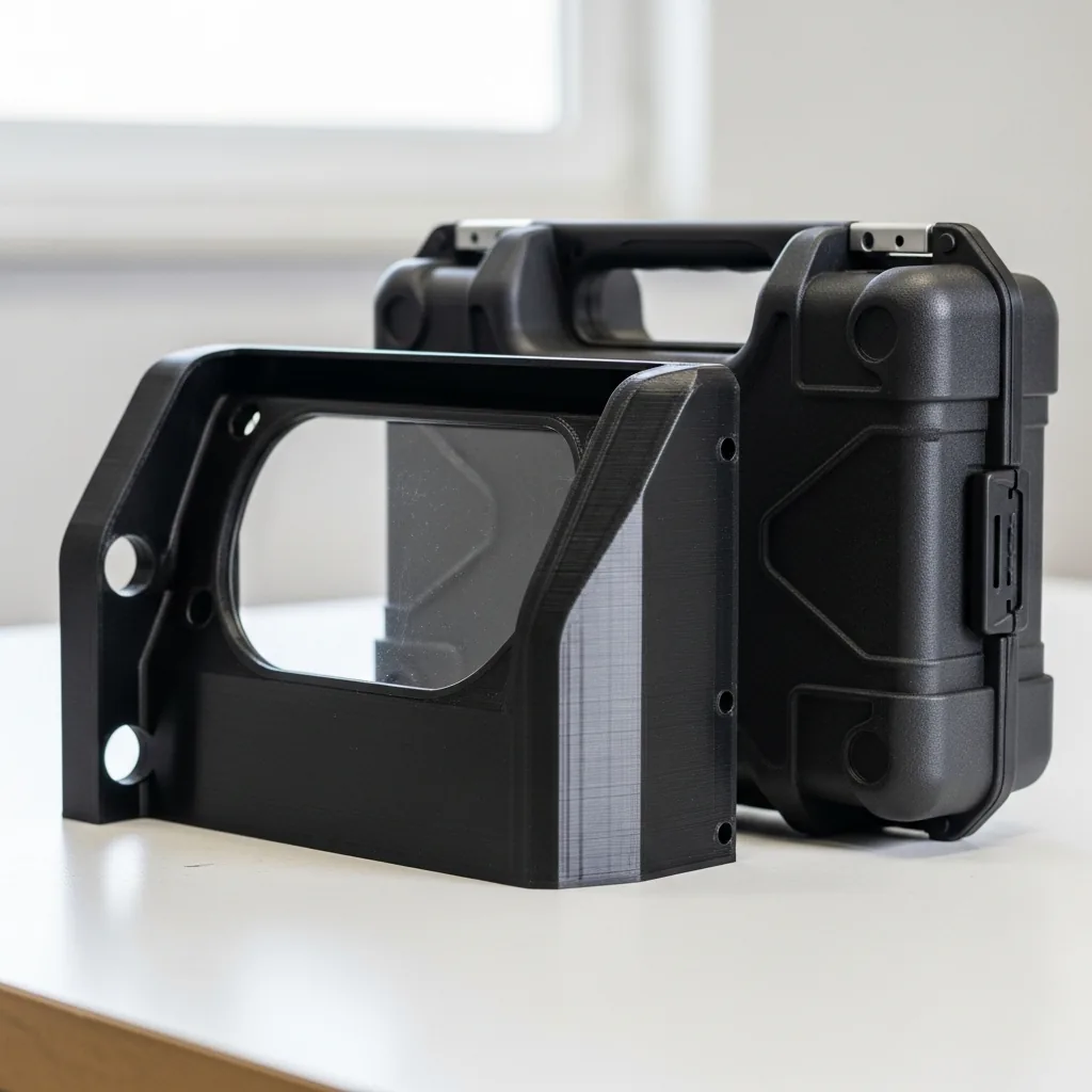 A 3D-printed tough black polycarbonate machine guard and protective tool case on a workbench