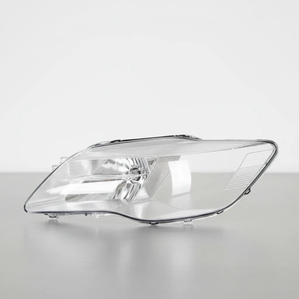 A 3D-printed clear polycarbonate automotive light lens cover on a clean bench