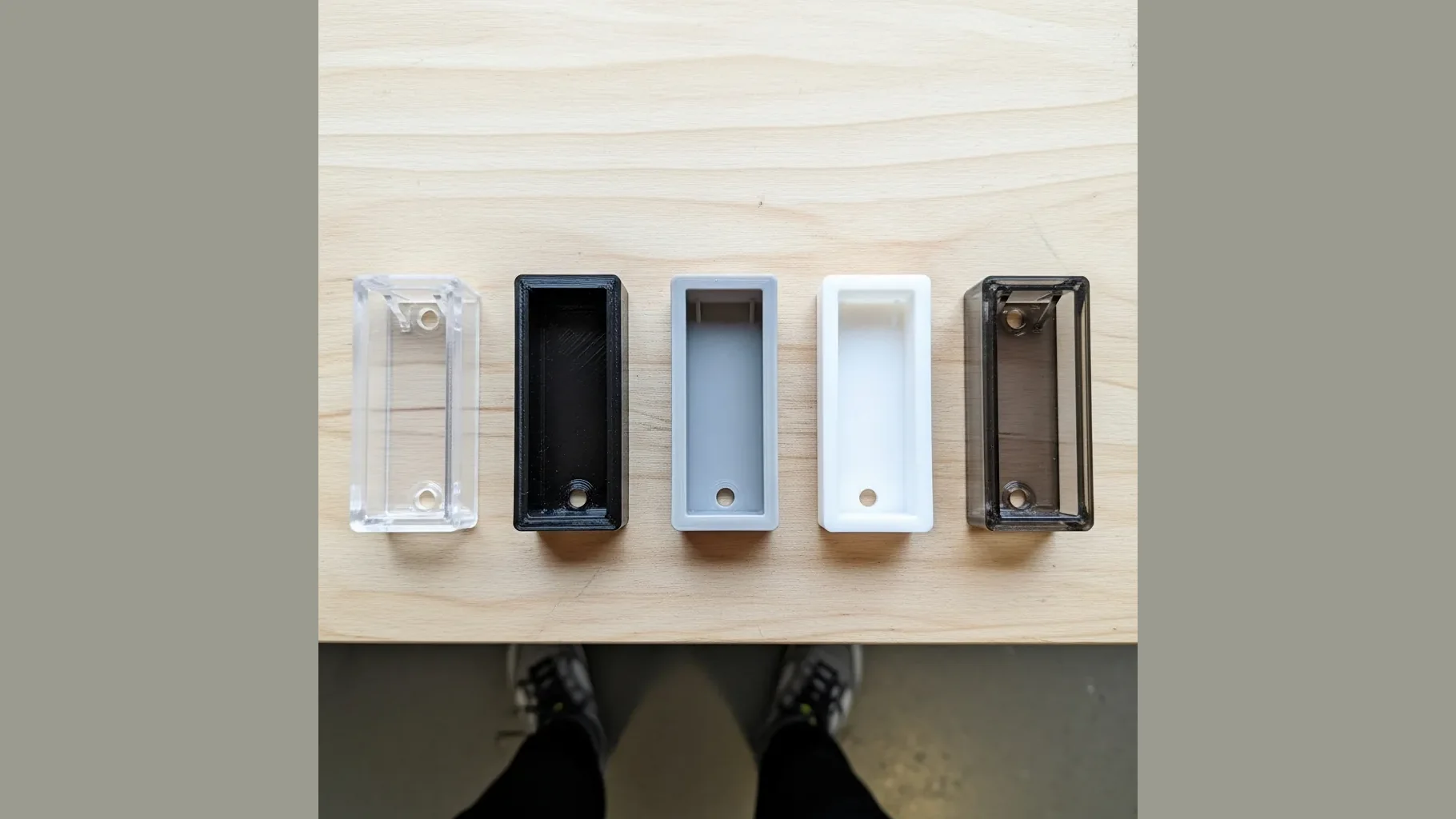 A product photo of five identical small 3D-printed polycarbonate brackets in clear