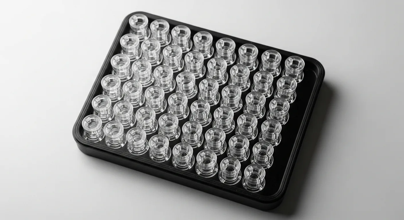 A neat tray of identical small clear translucent 3D-printed polycarbonate parts