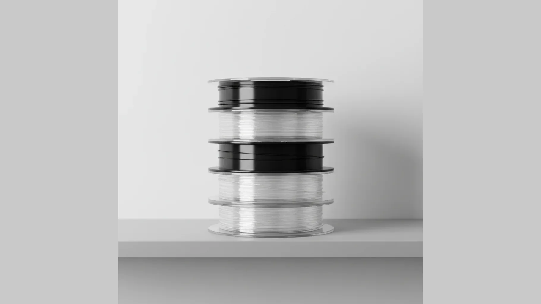 A stack of clear and black polycarbonate filament spools on a shelf