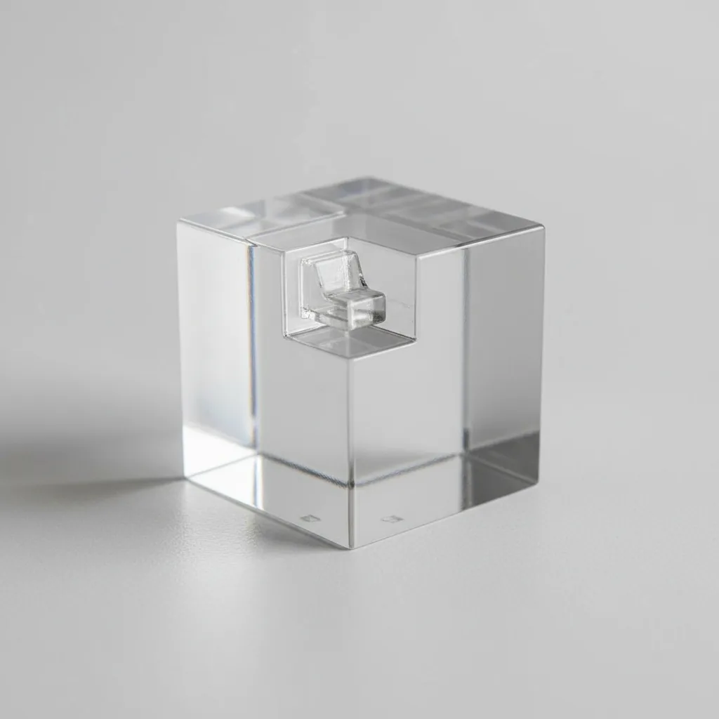 A single clear transparent 3D-printed polycarbonate part with a snap feature