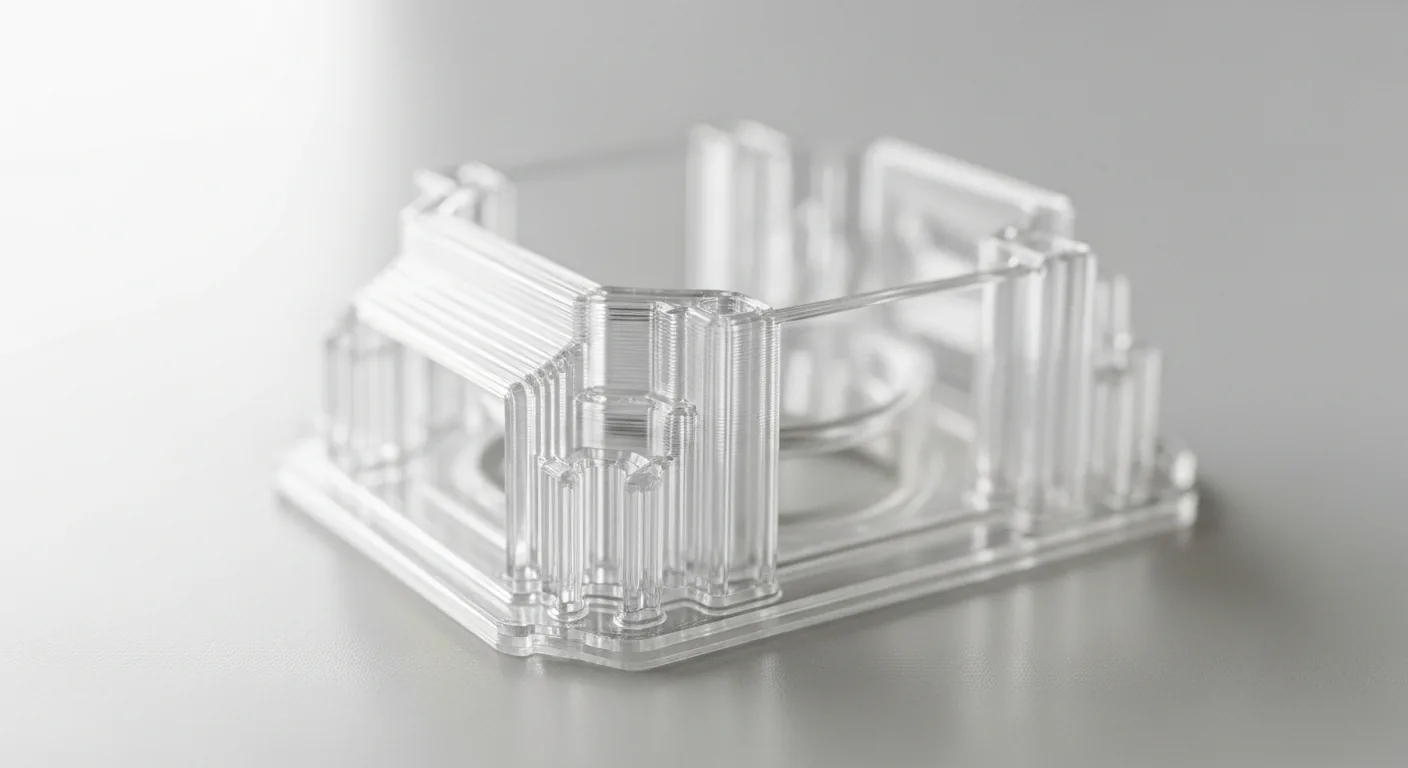 Macro photo of a clear transparent impact-resistant 3D-printed polycarbonate safety housing on a clean light bench